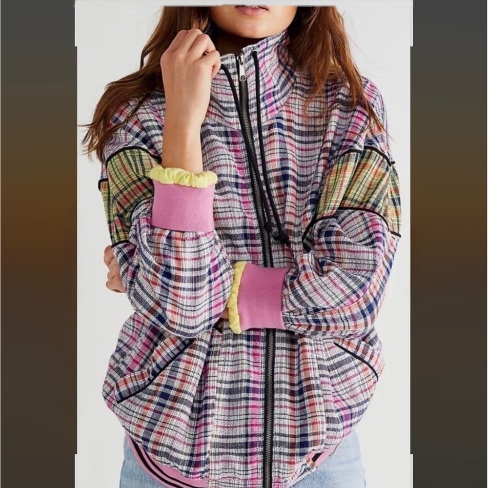 Free People Penny Plaid full zip Up Jacket Pink black small 80s NWT New casual - Picture 2 of 7